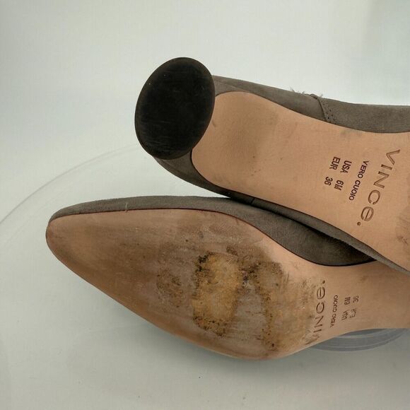 Vince Hela Tan Suede Leather Booties Size 6 Ankle Boots Almond Toe Classic - Picture 13 of 15